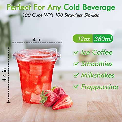 [100 PACK] 12 oz Clear Plastic Cups With Strawless Sip Lids, Disposable Plastic Cups With Sip Through Lids for Ice Coffee, Smoothie, Slurpee, or Any Cold Drinks