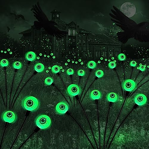 BeHiller Halloween Decorations Outdoor Solar Scary Eyeball Lights,2PACKS 12LED Green Eyeball Swaying Firefly Lights,Waterproof Solar Halloween Path