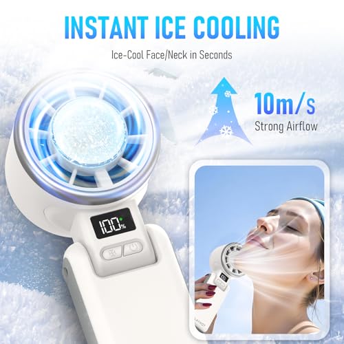 PlayHot Upgraded Portable Handheld Fan with 60°F Ice Cooling, Up tp 12Hrs Personal Fans Portable Rechargeable, 5 Speed 25550RPM Powerful Portables Fan Handheld, Hand/Neck/Desk Fan 3 IN 1(White)