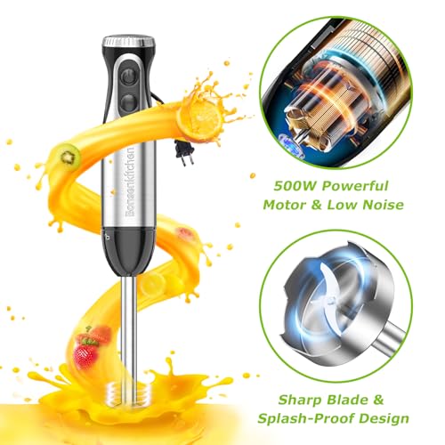 Bonsenkitchen Immersion Blender Handheld with Food Processor, 20 Speeds Hand Blender with Turbo Mode, Stainless Steel Blade, Egg Whisk, Beaker & Chopper Bowl, Hand Mixer for Smoothie, Soup, Baby Food
