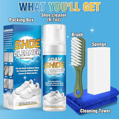 Shoe Cleaner, Deep Cleaning Sole Sneaker Cleaner, Shoe Cleaning Kit with Brush and Towel , White Shoe Cleaner for Sneakers, Tennis Shoes, Leather, Canvas, Rubber, Removes Dirt, Stains, 6.76 oz