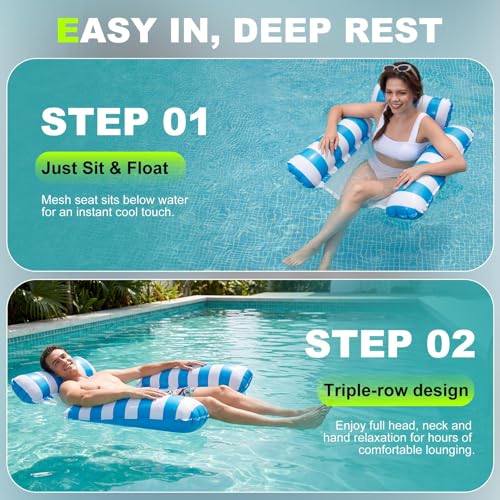 Inflatable Pool Floats Adult, 2 Pack Thick Pool Floaties Heavy Duty, Non-Stick PVC Rafts Chairs with Mesh Seat, Hammock Noodles Lounger for Summer Water Party Lake Beach