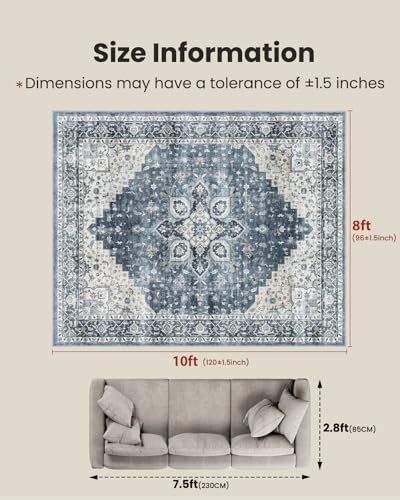 AMADA HOMEFURNISHING 8x10 Washable Area Rug, Low-Profile with Non-Slip Backing & Durable Edge Binding, Vintage Large Rugs for Living Room, Bedroom, Dining Room, Blue