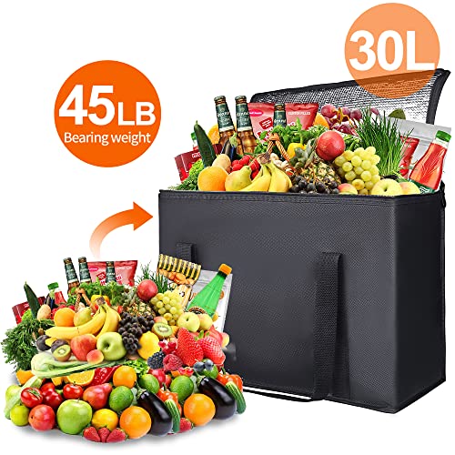 Bodaon 2-Pack Insulated Reusable Grocery Bag Heavy Duty Thermal Tote, X-Large for Frozen Foods Cold Storage, Travel Cooler Shopping Transport Hot Food Delivery, Collapsible Insulated Bags, Black