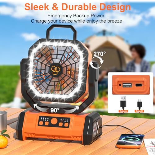 Honesorn Portable Rechargeable Fan 20000mAh, Camping Fan with LED Light & Remote, USB C Cordless Battery Powered, 4 Speeds Timer Hanging Hook for Travel Tent Outdoor Essentials - Orange