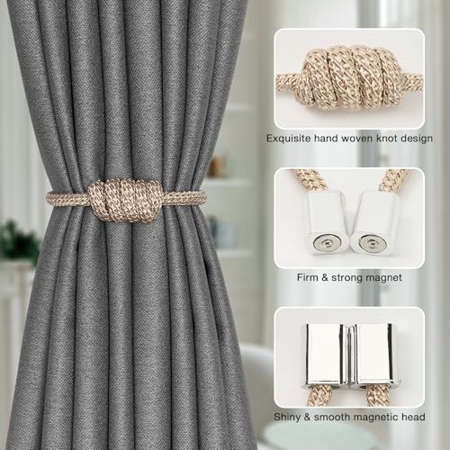 NICEEC 4 Pack Mini Magnetic Curtain Tiebacks Modern Simple Style Drape Tie Backs Elegant Hand Weave Rope Knot Decorative Curtain Holdbacks for Home & Office Window Drapery (Beige)