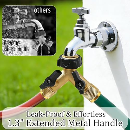 Hourleey Brass Garden Hose Splitter 2 Way, 3/4 Inch Hose Connector Tap Splitter, Hose Y Splitter, Hose Spigot Adapter 2 Valves with Extra Rubber Washers