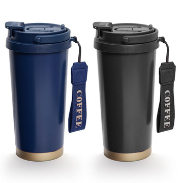2 Pack 17oz Insulated Coffee Mug, Leakproof Travel Coffee Tumblers With Strap, Vacuum-Insulated Stainless Steel Reusable Coffee Cup