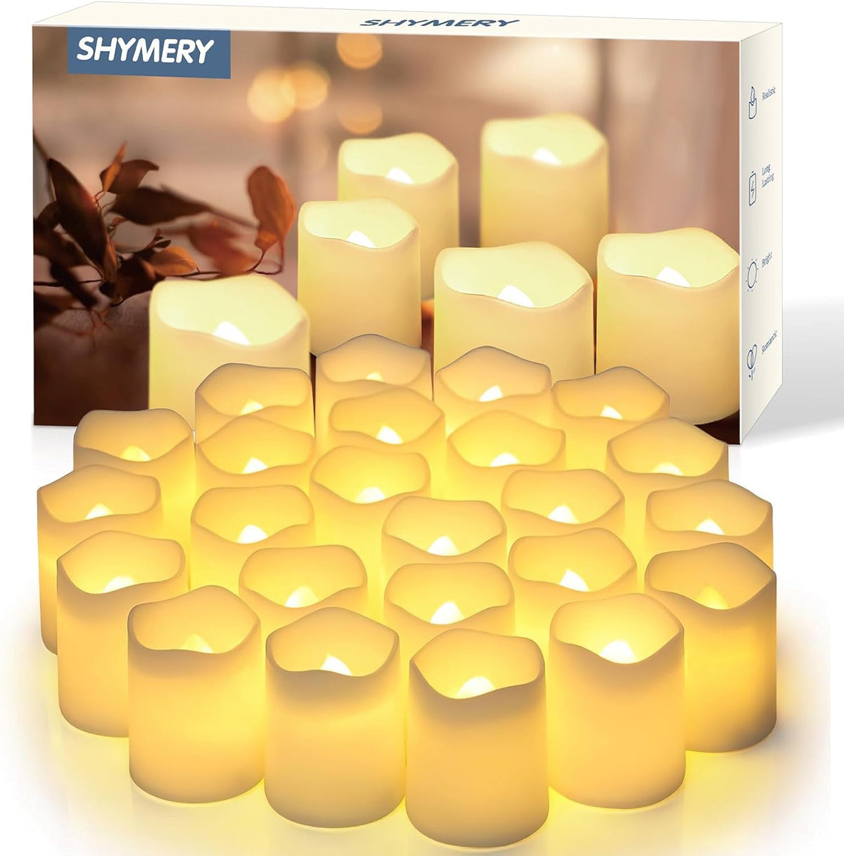 SHYMERY Flameless Votive Candles,Flameless Flickering Electric Fake Candle,24 Pack 200+Hour Battery Operated LED Tea Lights in Warm White for