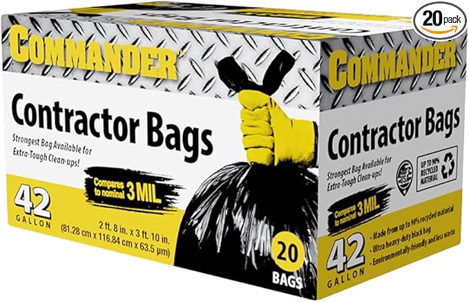 Commander 42 Gallon 2.5 MIL Black Heavy Duty Garbage Trash Bags - 32" x 46" - Pack of 20 - For Contractor, Industrial, Institutional, & Commercial