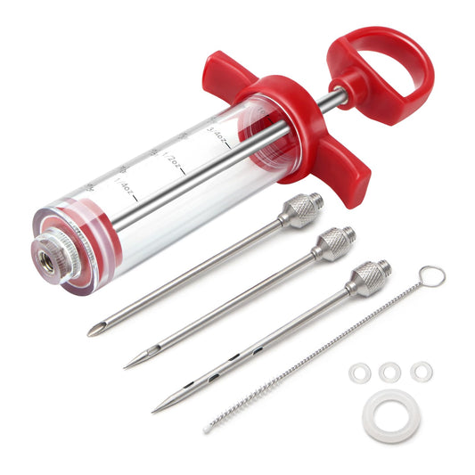 Meat Injector, 1-oz Plastic BBQ Marinade Injector Kit, Turkey Injector Syringe (3 Stainless Steel Meat Needles +3 Replacement O Rings + 1 Cleaning Brush) for Turkey Smoked BBQ Grill