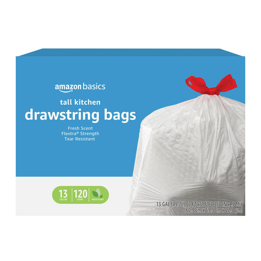 Basics Flextra Strength Tall Kitchen Drawstring Trash Bags, Fresh Scent, Tear Resistant, 13 Gallon, 120 Count