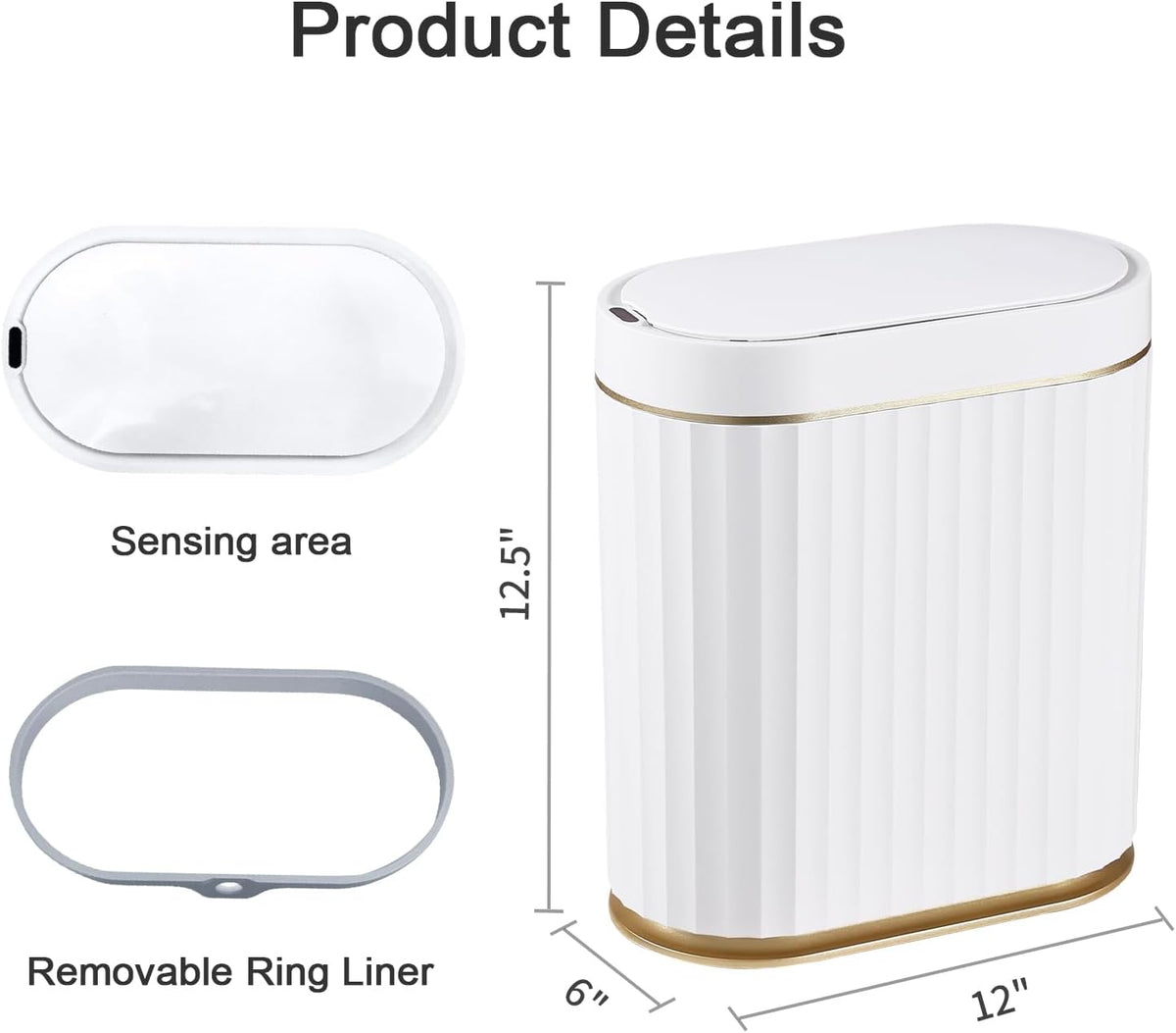 ELPHECO Automatic Motion Sensor Trash Can - 2 Gallon Slimline for Bathroom, Bedroom, Kitchen, Office - White with Gold Trim