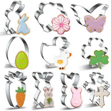 Easter Cookie Cutter Set - 10 pieces - Easter Bunny, Egg, Chick, Carrot, Rabbit, Bunny Face, Holy Cross, Leaf, Flower, Butterfly Shapes