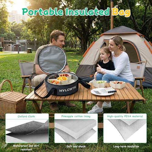 Divided Serving Tray with Lid and Handle, Rounded Snackle Box with 6 Compartments and Chill Base for Fruits, Candy, Veggie, Travel Snack Container with Portable Insulated Bag & Ice Cube Tray & 5 Forks