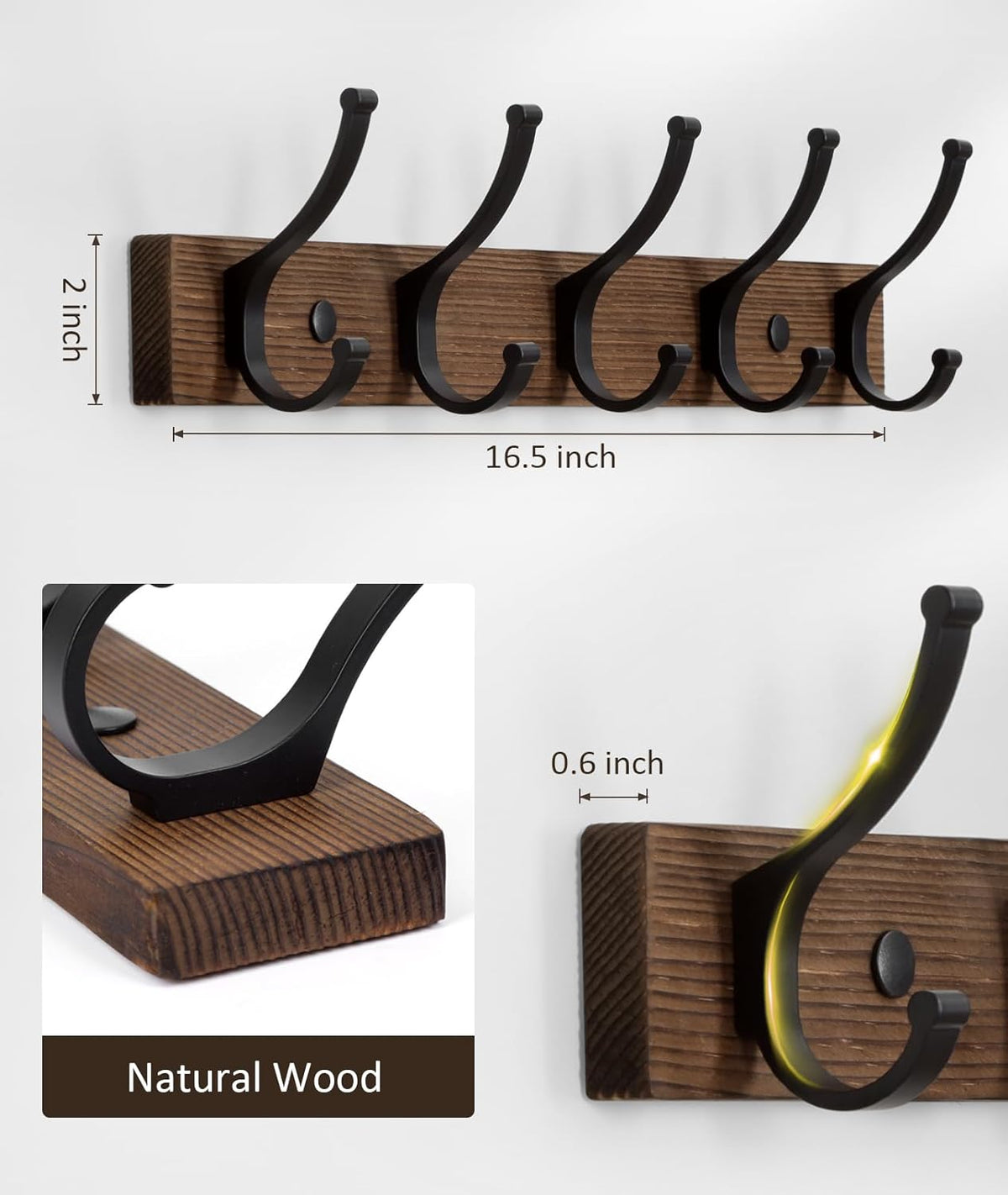 Coat Rack Wall Mount, 16.5 Inches Wood Coat Hooks, Wall Hooks for Hanging, Hat Rack Bag Hanger Key Holder for Wall, Purse Hanger Towel Racks for Bathroom (1Pack, Brown)