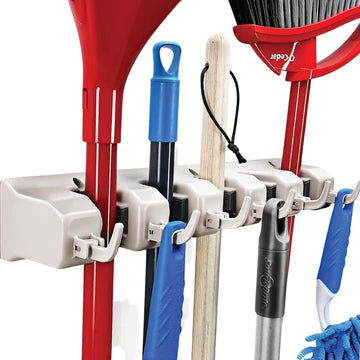 Home IT Mop And Broom Holder Wall Mount - Garage Storage Systems with 5 Slots, 6 Hooks, 7.5lbs Capacity Per Slot - Garden Tool Organizer For Home