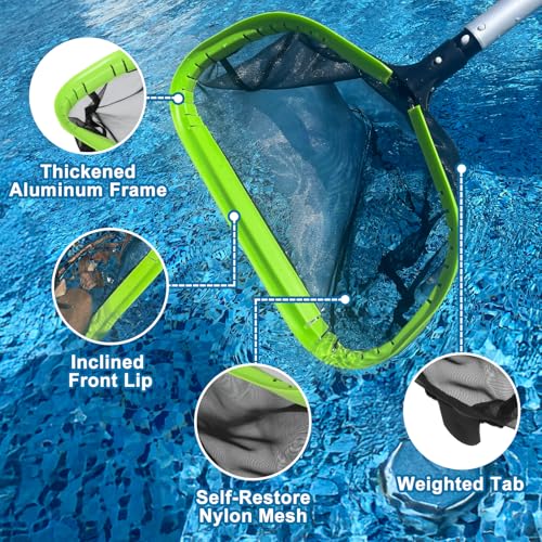 Sepetrel Deluxe Swimming Pool Cleaning Kit with 10.5" Aluminum Pole, Professional Pool Maintenance Set with Leaf Skimmer Net, 17.5" Pool Brush Head & Hand Scrub Brush for Inground & Above Ground Pools