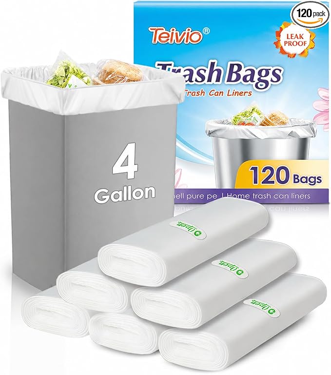 Teivio Small Trash Bags 4 Gallon 120 Counts Garbage Bags, Bathroom Trash Can Bin Liners, Small Plastic Bags for home office kitchen, fit 12-15 Liter, 3,3.5,4.5 Gal, Clear