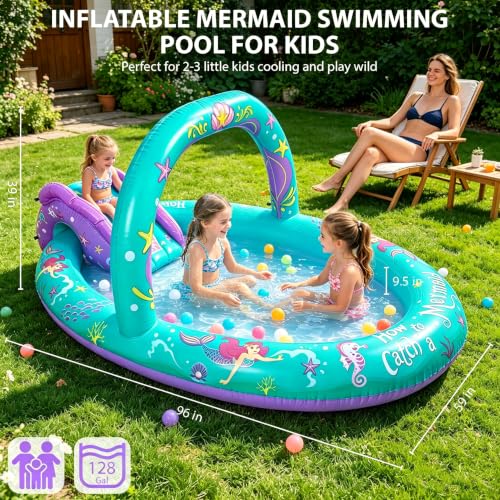 SULIFEEL 2026 Inflatable Mermaid Play Center Kiddie Pool with Slide and Sprinkler for Children, Summer Splashing Baby Pool for Backyard and Garden 96"x59"39"