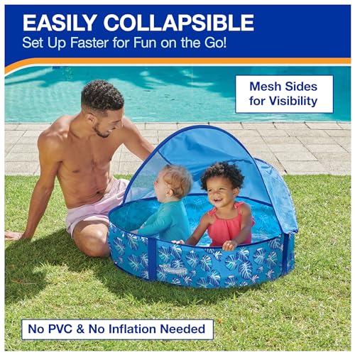 Swimways Elite Pop-Up Above Ground Pool, Baby Pool with Canopy & Carrying Case, Foldable Kiddie Pool for Ages 9-24 Months, Measures 32", Blue