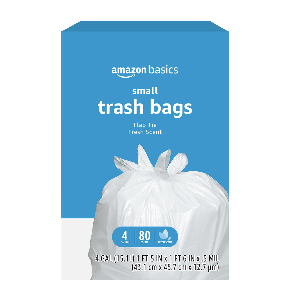 Basics Small 4 Gallon Trash Bags with Flap Ties, Fresh Scent, Odor Control, 0.5 mil Thick, 80 Count