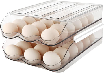 Egg Holder for Fridge, Automatically Rolling Egg Storage Container for Refrigerator, Large Capacity Egg Organizer for Fridge with Lid