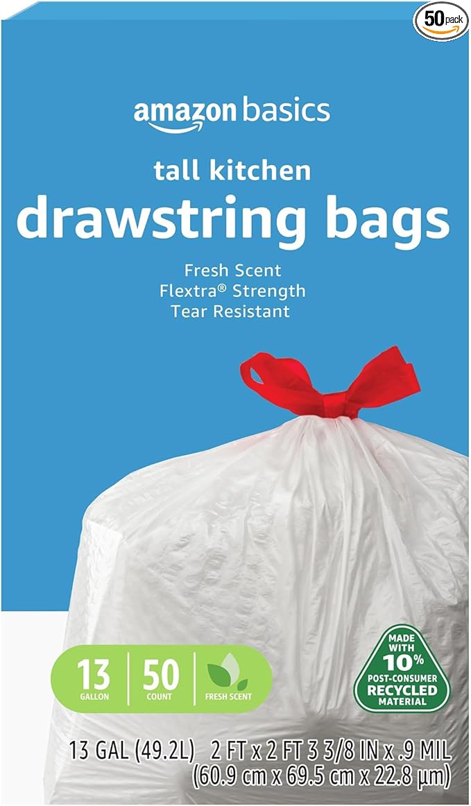 Basics 13 Gallon Tall Kitchen Drawstring Trash Bags, Flextra Strength, Clean Fresh Scent, Tear Resistant, 10% Post-Consumer Recycled Content, 50 Count