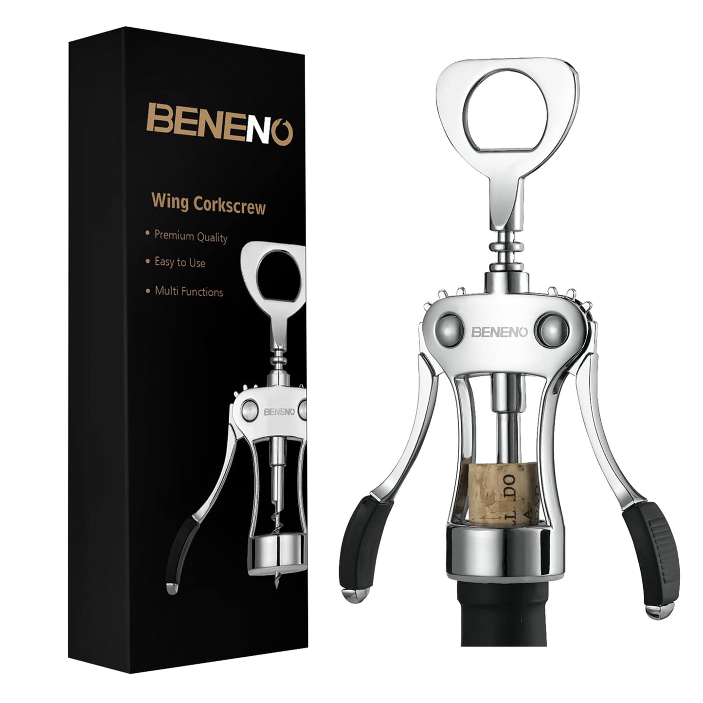 Beneno Wine Opener, Zinc Alloy Premium Wing Corkscrew with Multifunctional Bottles Opener, Sharp Wine Corkscrew with Ergonomic Non-Slip Wing Handle, Silver