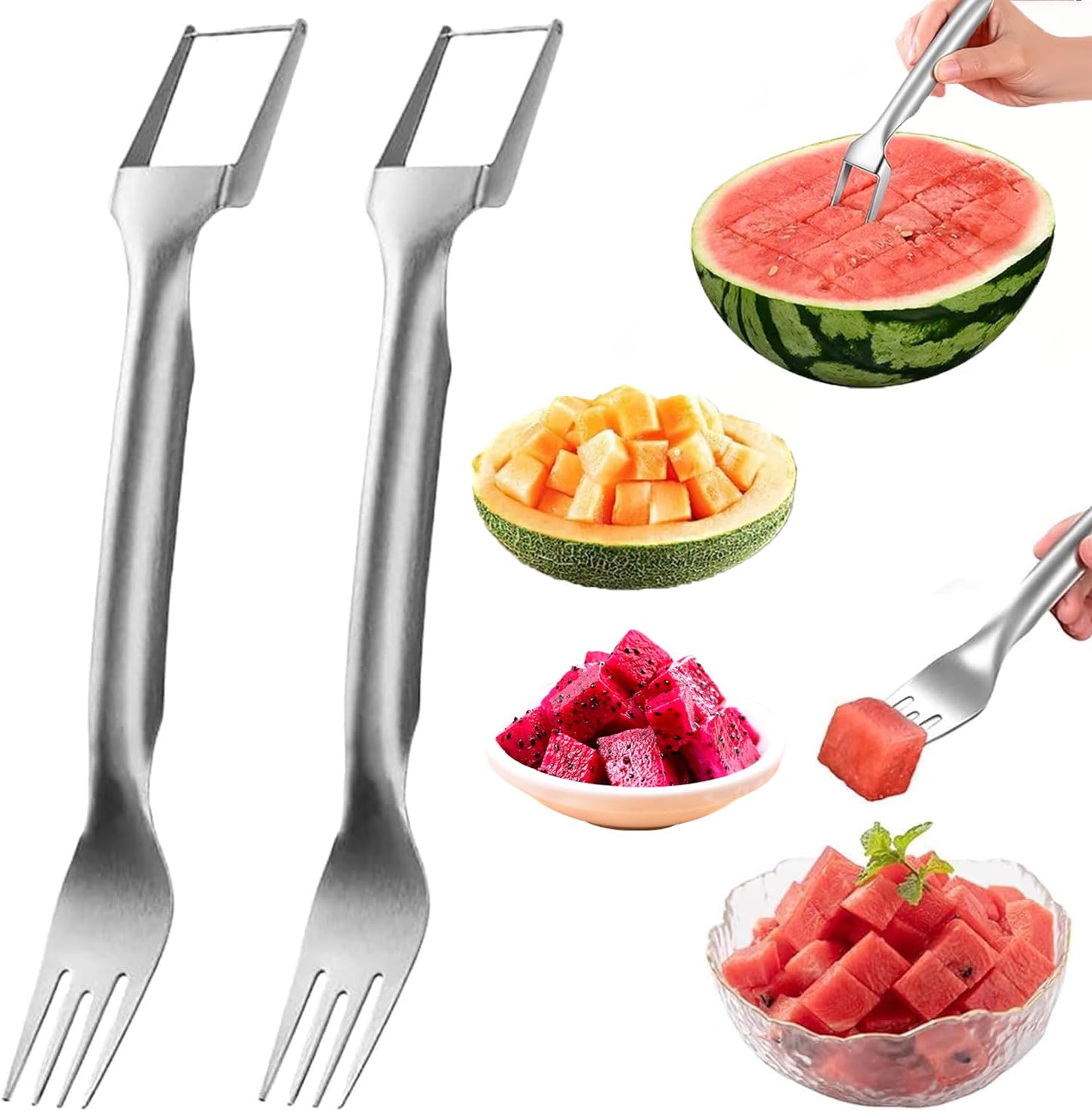 Watermelon Cutter, 2-in-1 Stainless Steel Fruit Cutter, Dual Head Watermelon Fork Slicer Tool, Summer Fruit Cutting Kitchen Gadget for Home (2PCS)