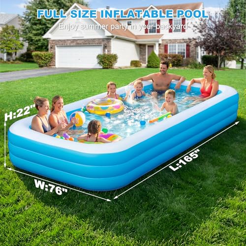 Extra Large Inflatable Pool 165'' x 76'' x 22'' for Adults ＆ Kids | Family blow up pool with electric pump, thickened PVC for backyard swimming, outdoor play and summer fun
