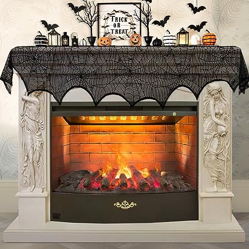 AerWo Halloween Decoration Black Lace Spiderweb Fireplace Mantle Scarf Cover Festive Party Supplies 45 X 243cm 18 x 96 inch