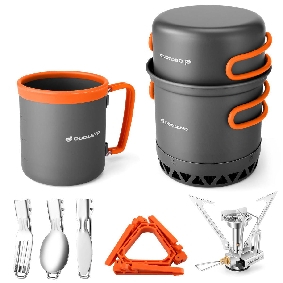 Odoland Camping Pots with Heat Exchanger Camping Cooking Set with Portable Camping Stove Camping Mess Kit Include Mug, Folding Utensil Set, Canister Stabilizer for Backpacking Outdoor Hiking & Picnic