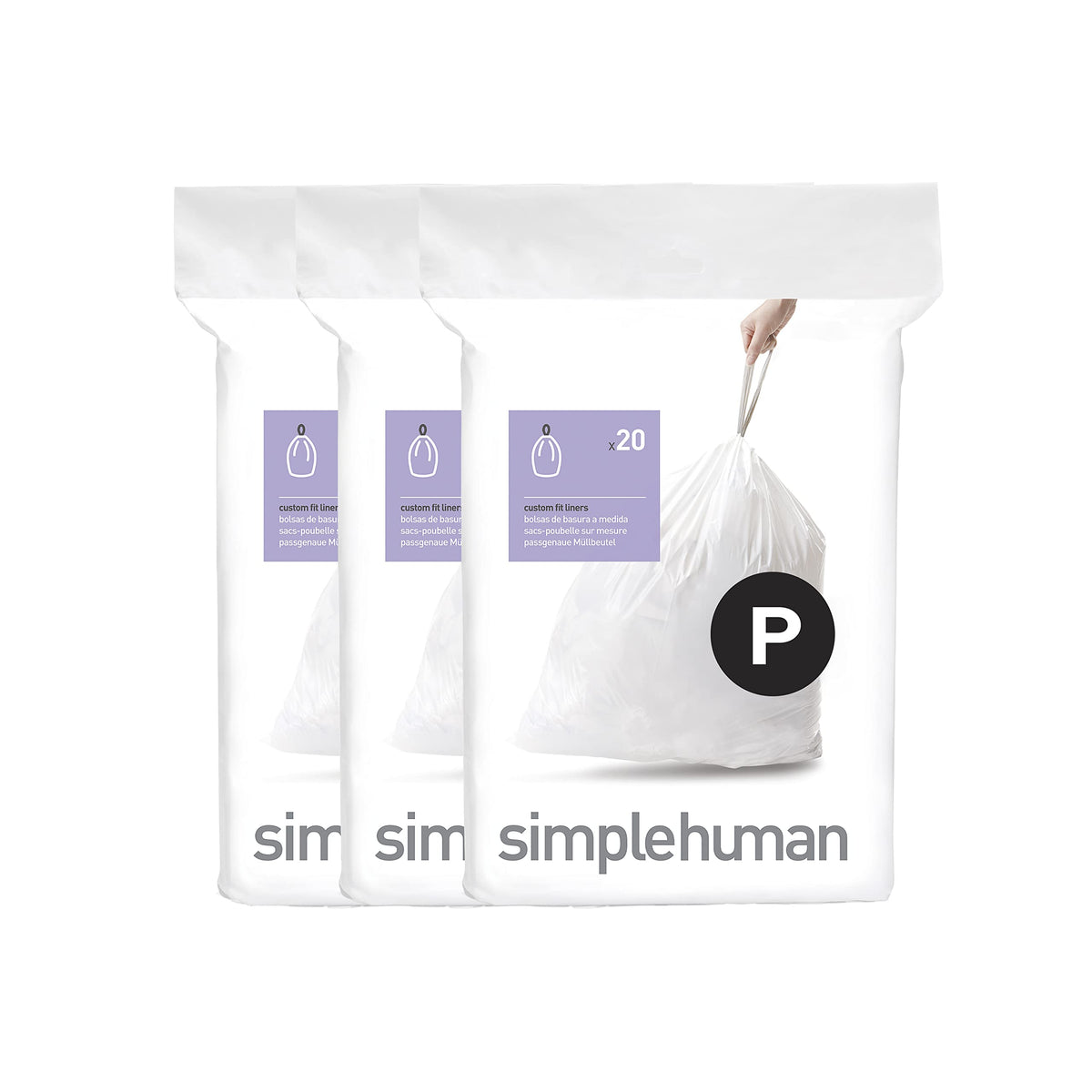 simplehuman Code P 60 Count Custom Fit Liners, Drawstring Kitchen Trash Bags, One-by-One Mess-Free Dispense, Extra Thick & Double Seamed, 50% PCR Plastic, 50-60 Liter / 13-16 Gallon, White