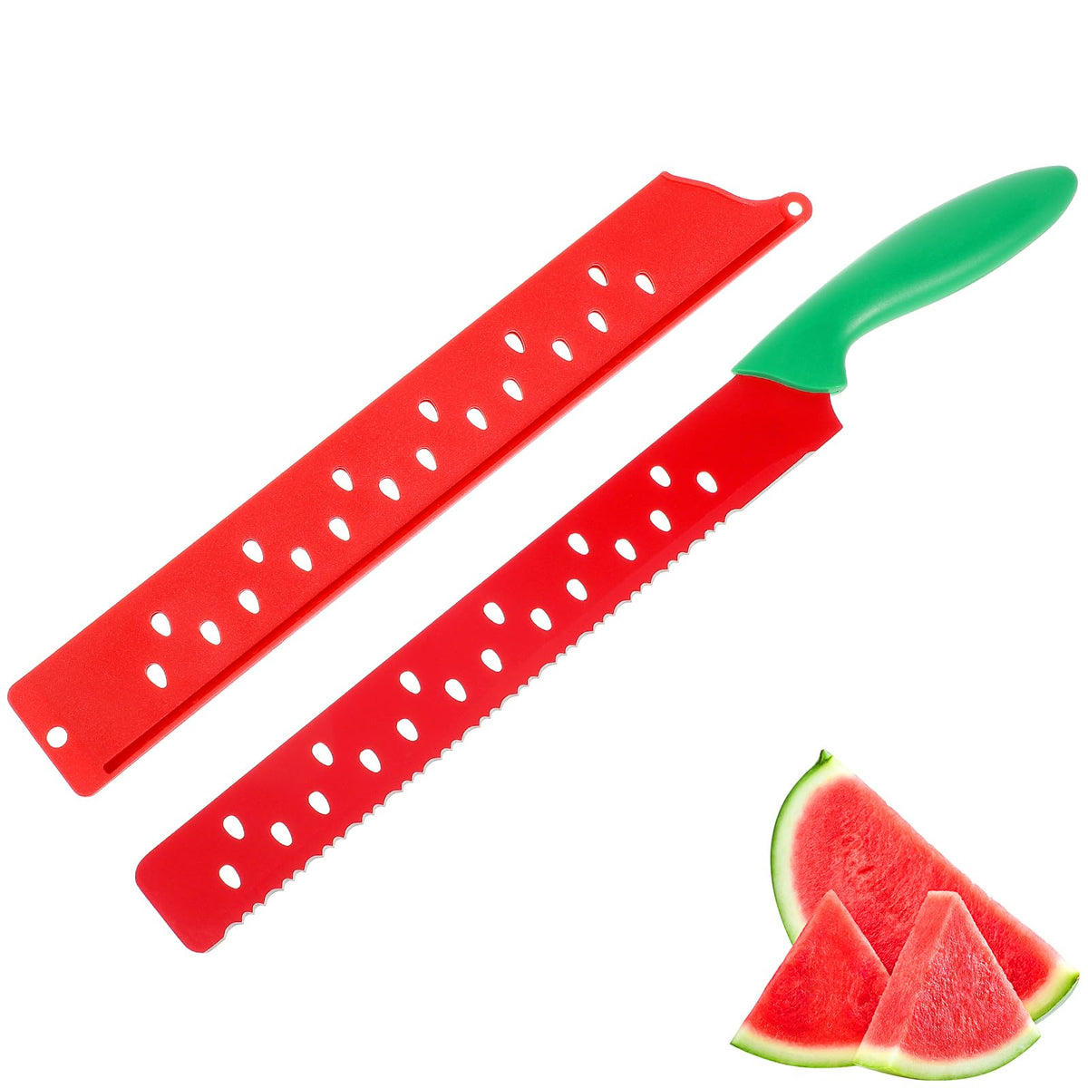 Watermelon Knife with Sleeve for Melon Cutting, Long Serrated Bread Lettuce Vegetable Knife, Kitchen Fruit Melon Tomato Cutter Slicer, with Cover for Home Summer Party Camping Outdoor (Red Green)