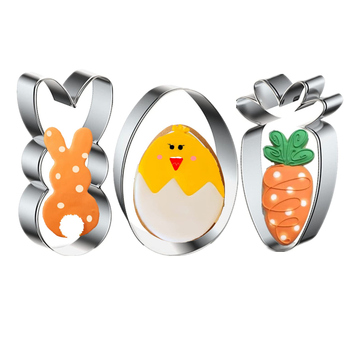 Easter Cookie Cutters, 3 Pieces Carrot Egg Bunny Rabbite Shapes Metal Cookie Cutters Stainless Steel Sets Holiday Themed Baking Kit