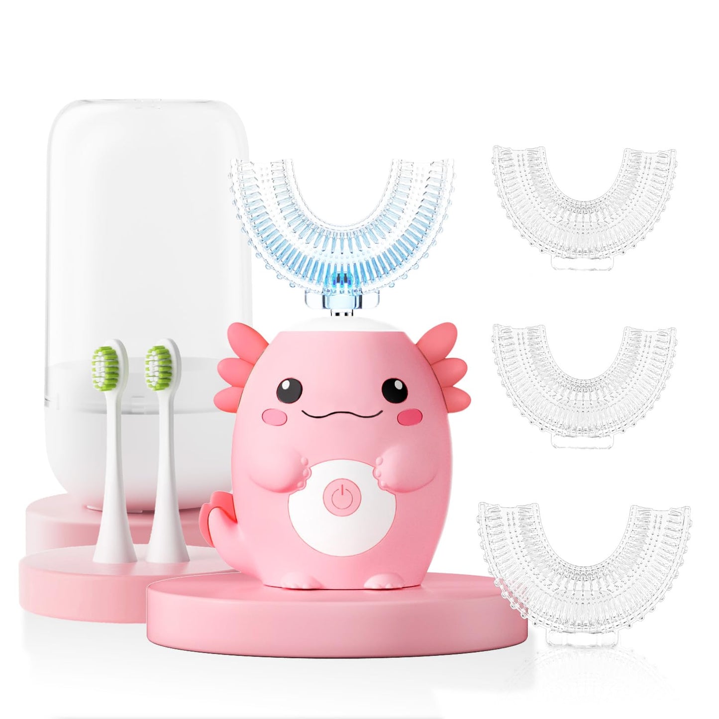 Kids Electric U Shaped Toothbrush - Axolotl Kids Cartoon Sonic Automatic Toothbrush with 6 Brush Heads Full Mouth 6 Cleaning Modes - Age2-15 Pink