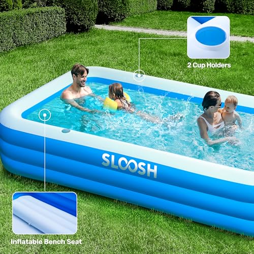 SLOOSH Inflatable Pool for Adults with Seats, 120" x 72" x 22" Full-Sized Blow Up Durable Thickened Above Ground Family Pool, Large Swimming Pools for Backyard Garden Lawn Summer Water Party, Blue