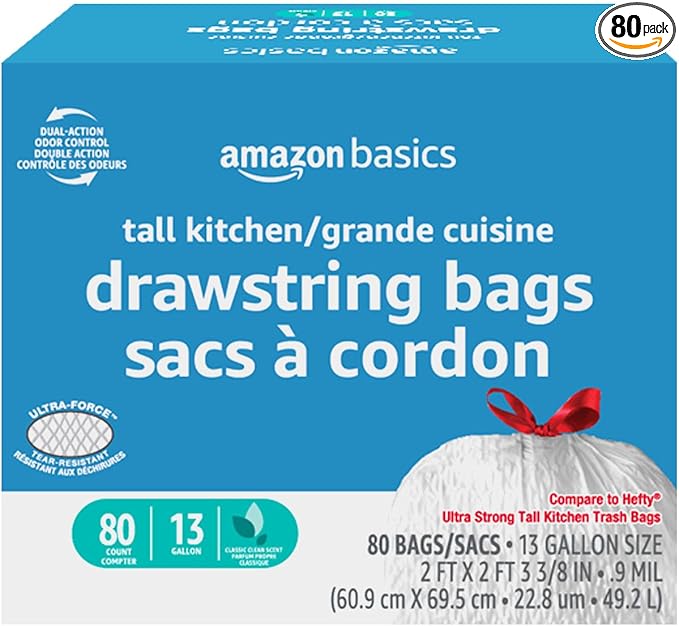 Basics Ultra-Force Tall Kitchen Drawstring Trash Bags, Classic Clean Scented, 13 Gallon, 80 Count with Odor Control