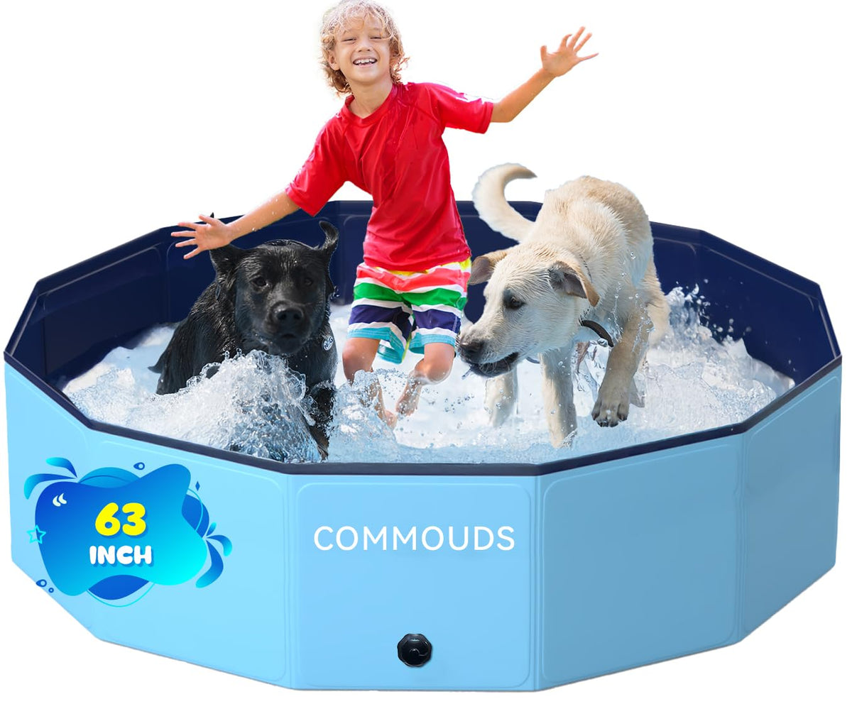 COMMOUDS Foldable Dog Pool for Large Dogs, Hard Plastic Dog Kiddie Swimming Pool, Collapsible Pet Bath Tub Wading Pools for Kids and Puppy Small Medium Dogs(63inch.D x 12inch.H)