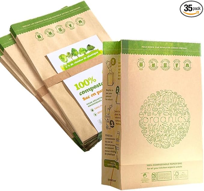 Hytrend-Kitchen Food Waste Bag-35 Bags-%100 Compostable paper Bag - Leak Resistant Liner - Small-Certified by BNQ and BPI,CMA-I,CMA-W