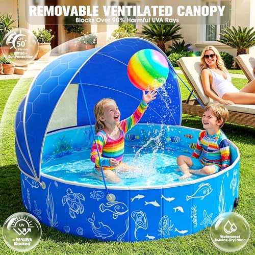 StarOcean 2026 Kiddie Pool with Canopy,Baby Swimming Pool for Toddler,Foldable kiddie pool with Shade,Portable Kids Pool for Backyard,Plastic Kiddie Pool with Sun Shade,Pop up Baby Pool for Beach-51‘’