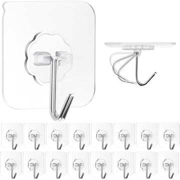 ZESLMG Adhesive Wall Hooks for Hanging, 16 Pack Self Sticky Hooks Heavy Duty 22lb Clear, Removable Shower Hook No Damage