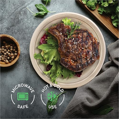 Paper Plates, 100% Compostable Heavy Duty Disposable 10 Inch Plate - [125-Pack] Eco-Friendly, Biodegradable Bagasse - (PFAS-Free) - (BPI Certified)