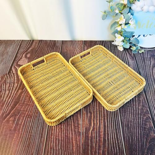 2 Pack Rectangle Rattan Serving Trays with Handles, Decorative Woven Wicker Organizer Baskets Storage Tray for Coffee Table, Bread, Fruit, Snacks