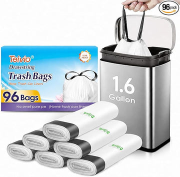 1.6 Gallon 96 Counts Small Drawstring Trash Bags by Teivio, Fit1.2,1.3,1.5 Gallon Bathroom Trash Can Bin Liners