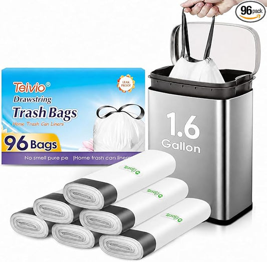 1.6 Gallon 96 Counts Small Drawstring Trash Bags by Teivio, Fit1.2,1.3,1.5 Gallon Bathroom Trash Can Bin Liners, 5-6 Liter Small Plastic Garbage Bags for home office kitchen, White