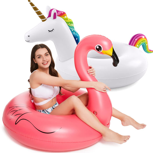 Jasonwell 2 Pack Unicorn Flamingo Pool Floaties - Inflatables Rafts for Swimming, Lake, Beach - Floaty Swim Rings for Adults, Kids