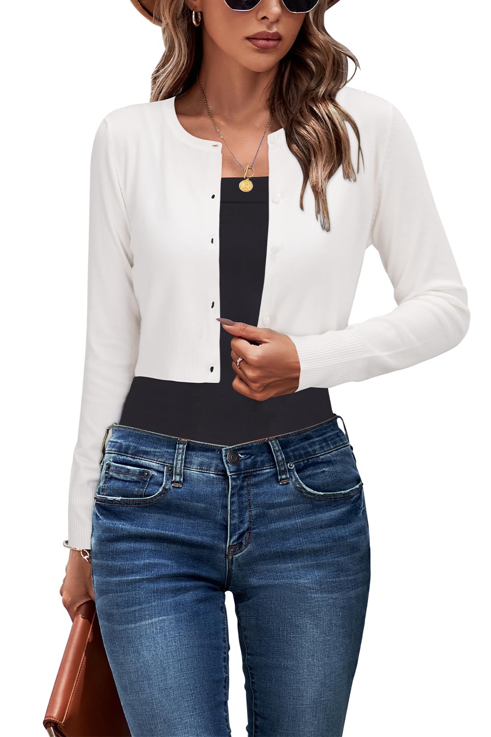 Newshows Cropped Cardigan Sweaters For Women 2026 Crew Neck Button Down Open Front Knit Bolero Shrugs