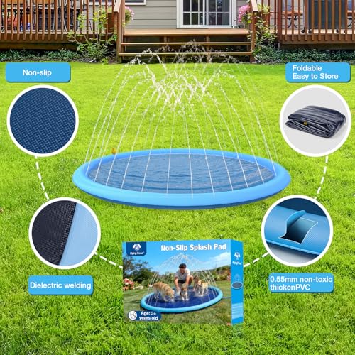 67'' Splash Pad for Dogs and Kids, Dog Splash Pad Heavy Duty, Thick Non-Toxic Dog Pool, PVC Tear-Resistant Pup Paradise Sprinkler Pads Summer Fun Outdoor Water Pools for Toddlers & Pets